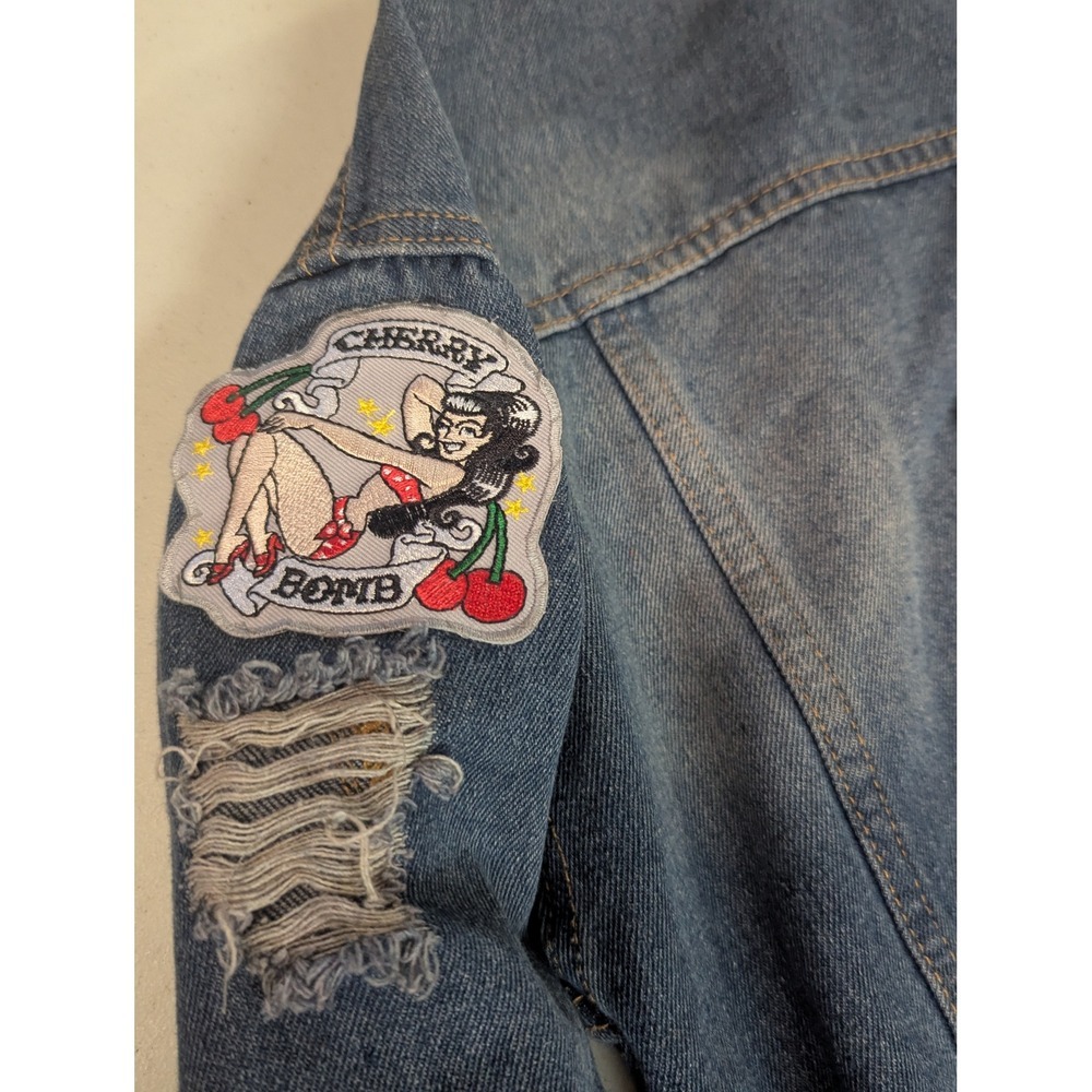 Say What? Oversized Denim Jacket XS Sequin Tiger Rose Patches Distressed Jean - Picture 16 of 16